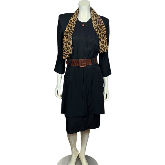 Vintage Studio I Navy Dress with Leopard Scarf & Brown Belt - 80s Size 10 - Picture 4 of 11